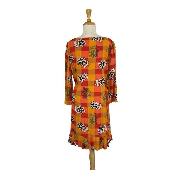 Handmade S Orange Floral Plaid Dress Midi Drop Waist 20s Cottagecore African - Picture 4 of 6